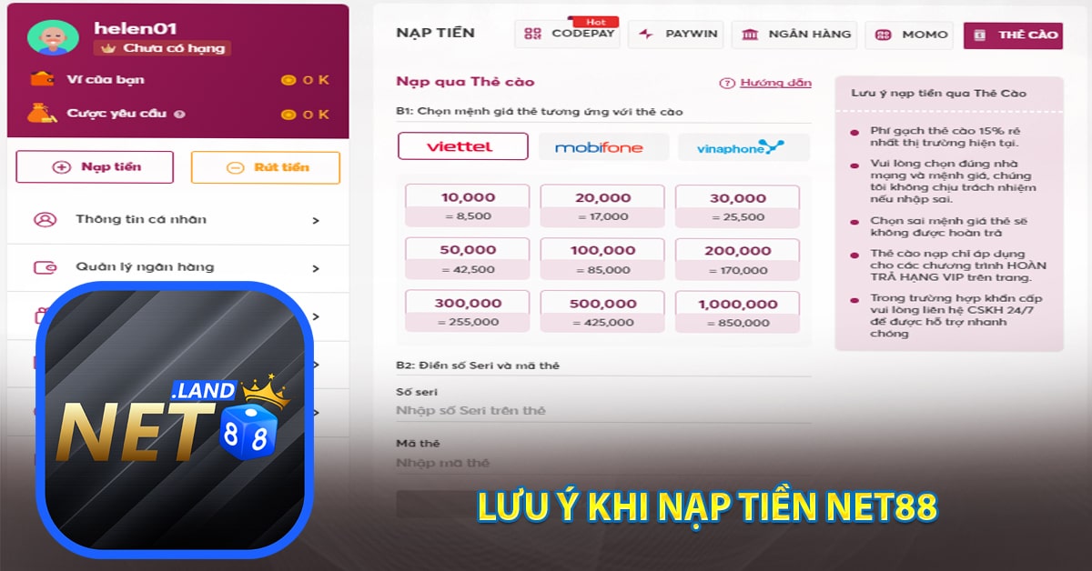 Lưu ý khi nạp tiền Net88